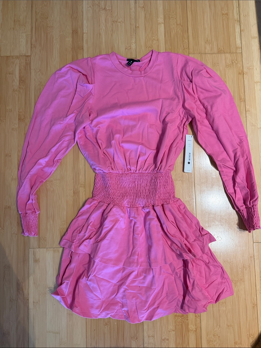 AQUA Pink Long-Sleeve Smocked-Waist Tiered Dress
